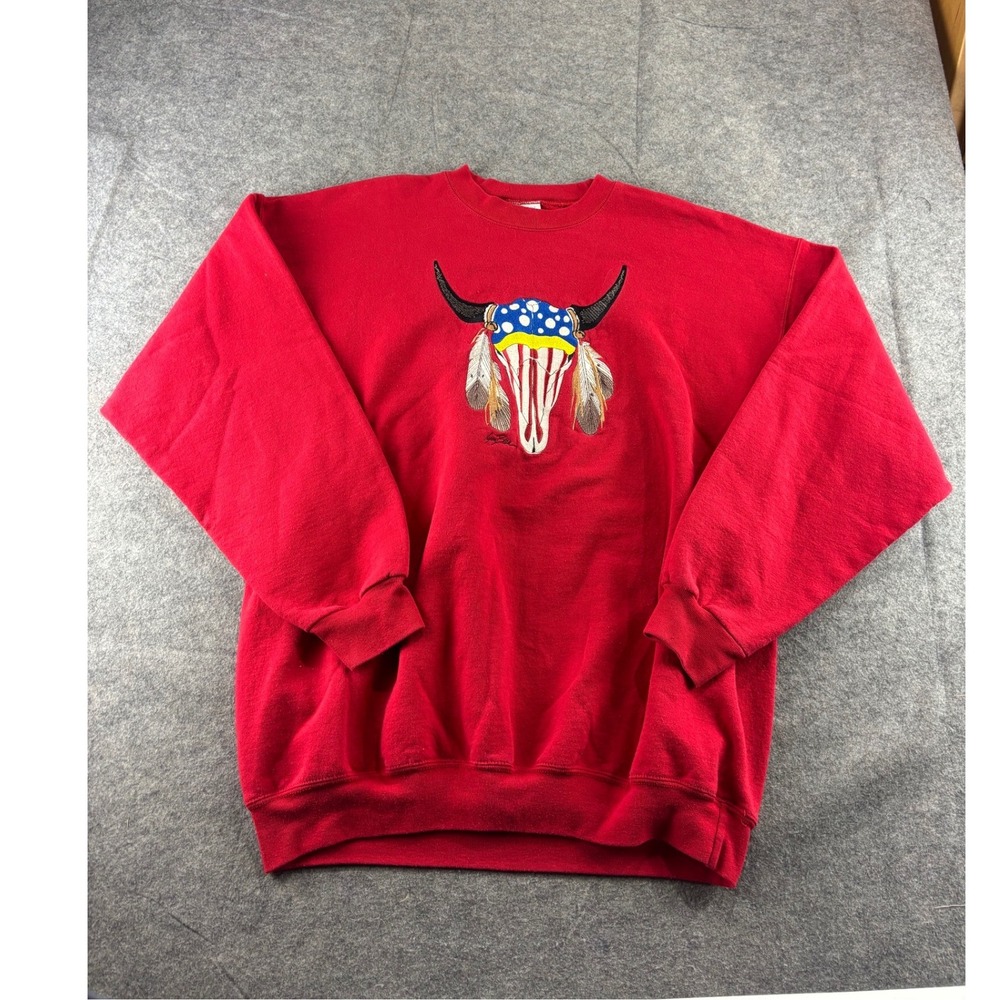 Port and Company Red Steer Skull Patriotic Embroidered Sweatshirt XL Western USA